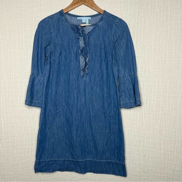 Draper James cotton chambray ruffle shift dress with bell sleeves size 0 - Picture 3 of 7